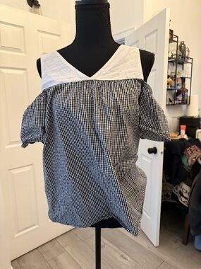 Pink Rose Black & White Gingham Cold-Shoulder Top